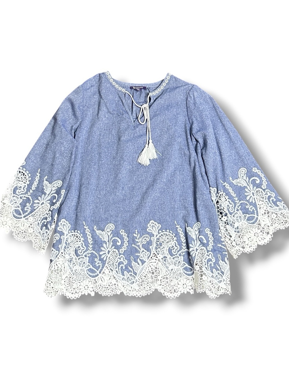 Roaman's Blue Embroidered Lace Bell Sleeve Boho Tunic Top